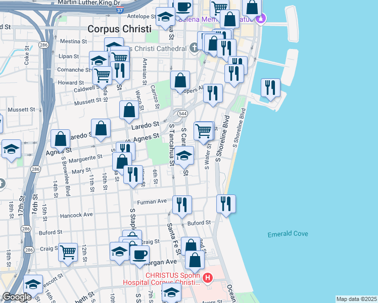 map of restaurants, bars, coffee shops, grocery stores, and more near 555 South Shoreline Boulevard in Corpus Christi
