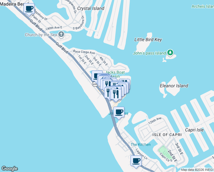 map of restaurants, bars, coffee shops, grocery stores, and more near 13017 Pelican Lane in Madeira Beach
