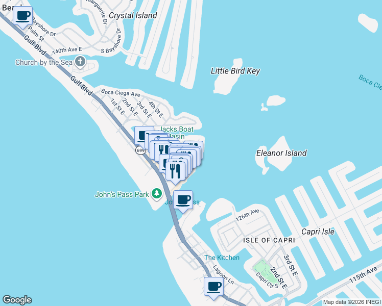 map of restaurants, bars, coffee shops, grocery stores, and more near 441 129th Avenue East in Madeira Beach