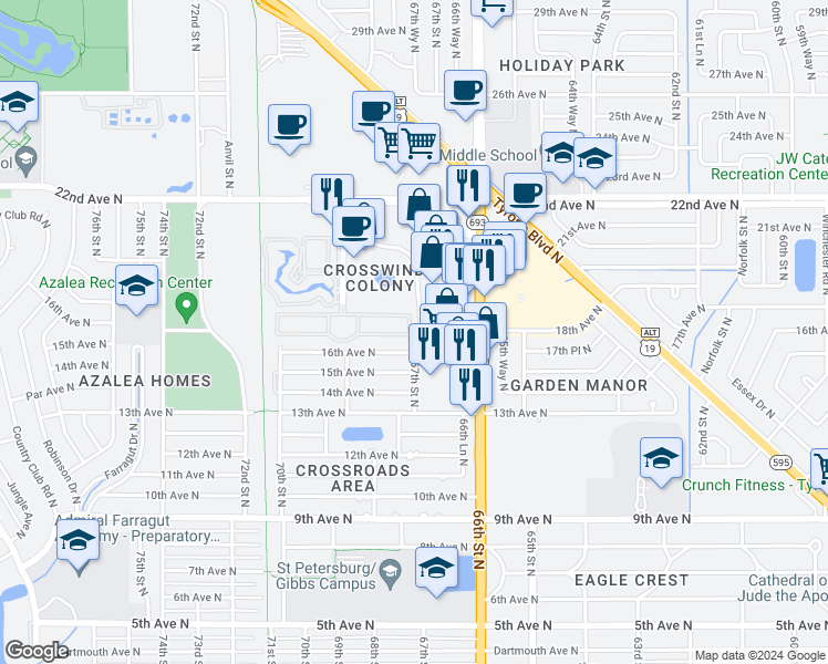 map of restaurants, bars, coffee shops, grocery stores, and more near 1631 67th Street North in Saint Petersburg