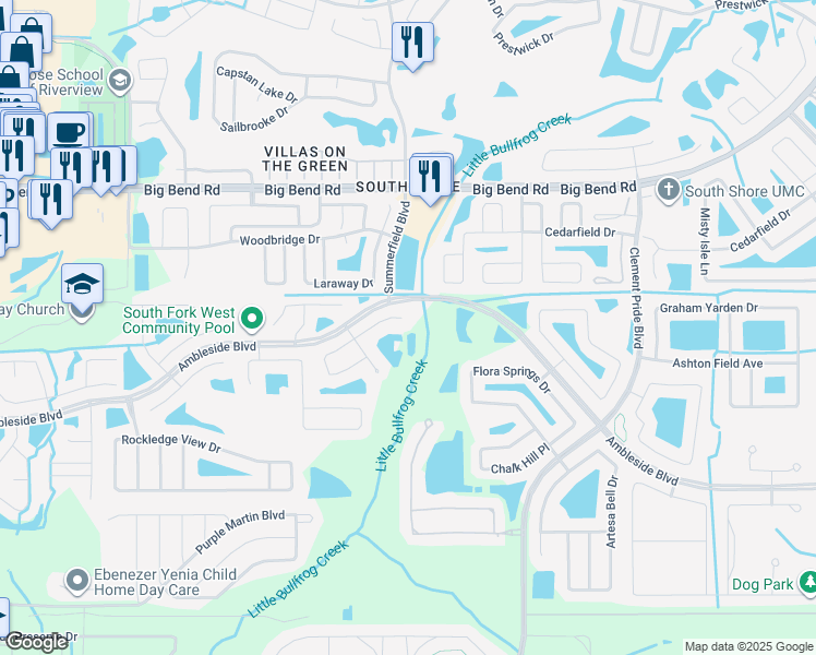 map of restaurants, bars, coffee shops, grocery stores, and more near 11233 Summer Star Drive in Riverview