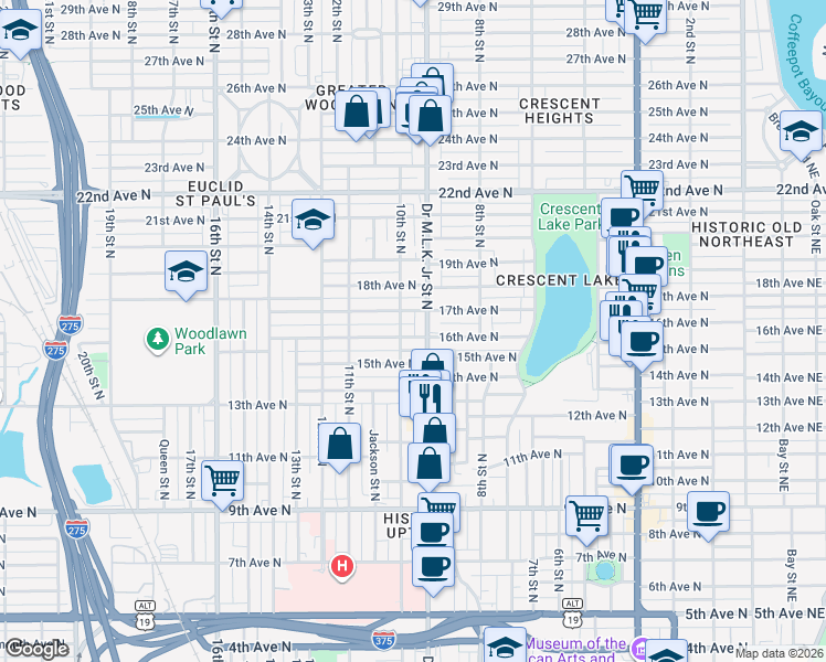 map of restaurants, bars, coffee shops, grocery stores, and more near 919 16th Avenue North in St. Petersburg