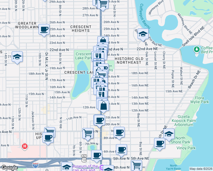 map of restaurants, bars, coffee shops, grocery stores, and more near 310 16th Avenue North in St. Petersburg