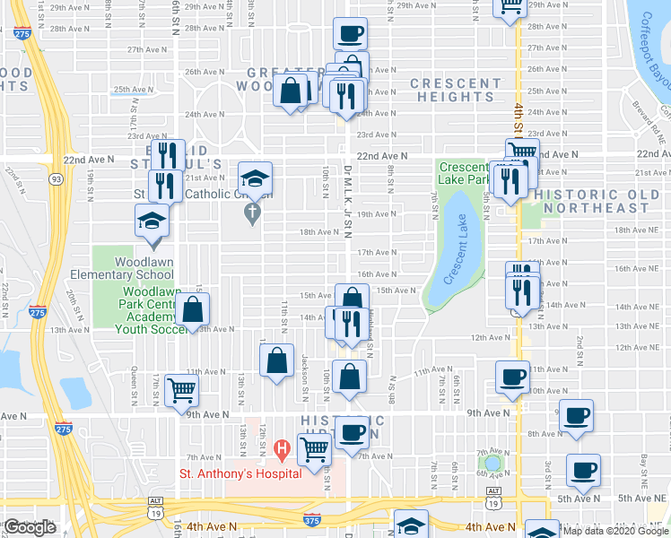 map of restaurants, bars, coffee shops, grocery stores, and more near 1600 Doctor Martin Luther King Junior Street North in St. Petersburg