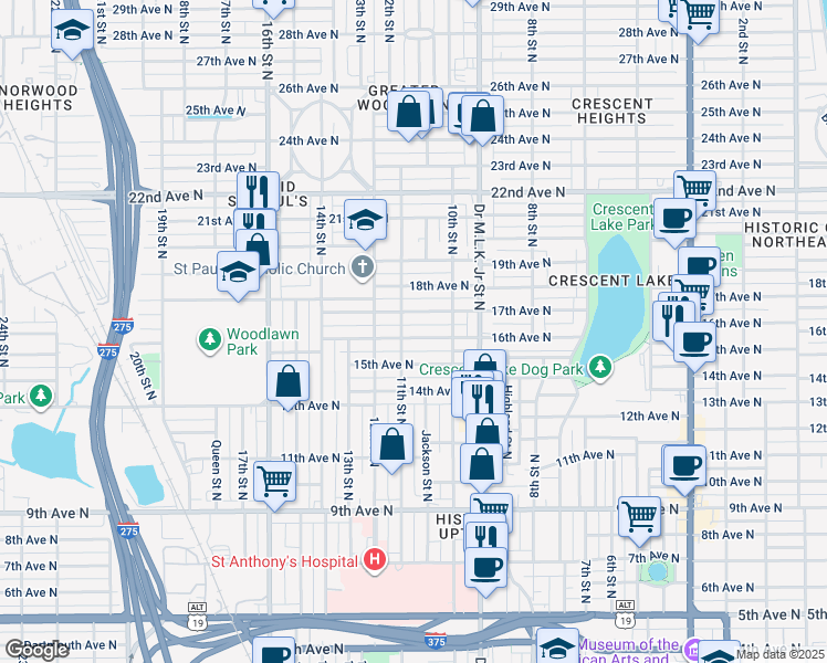 map of restaurants, bars, coffee shops, grocery stores, and more near 1616 11th Street North in St. Petersburg