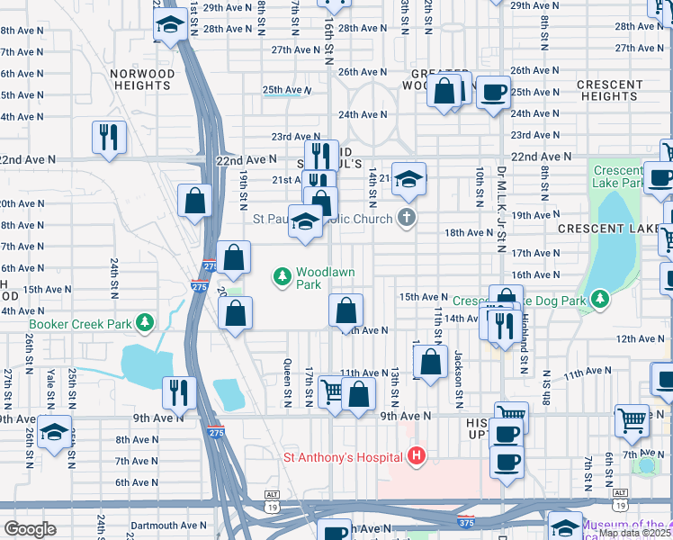 map of restaurants, bars, coffee shops, grocery stores, and more near 1601 16th Street North in St. Petersburg