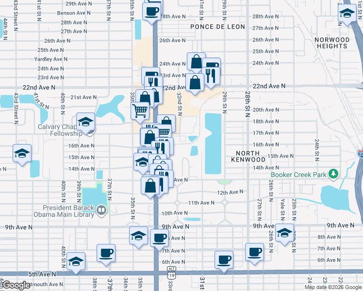 map of restaurants, bars, coffee shops, grocery stores, and more near 3451 5th Avenue North in St. Petersburg