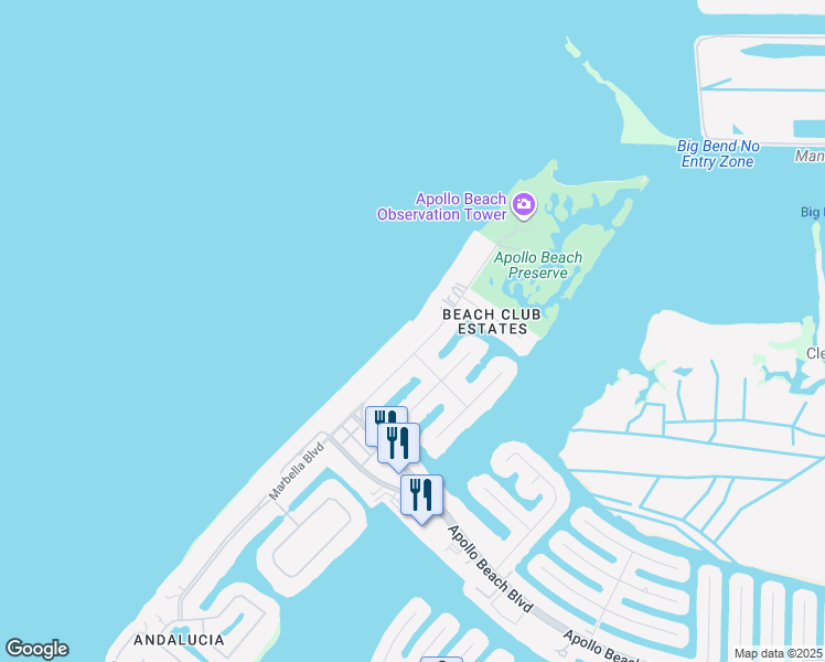 map of restaurants, bars, coffee shops, grocery stores, and more near 6602 Surfside Boulevard in Apollo Beach