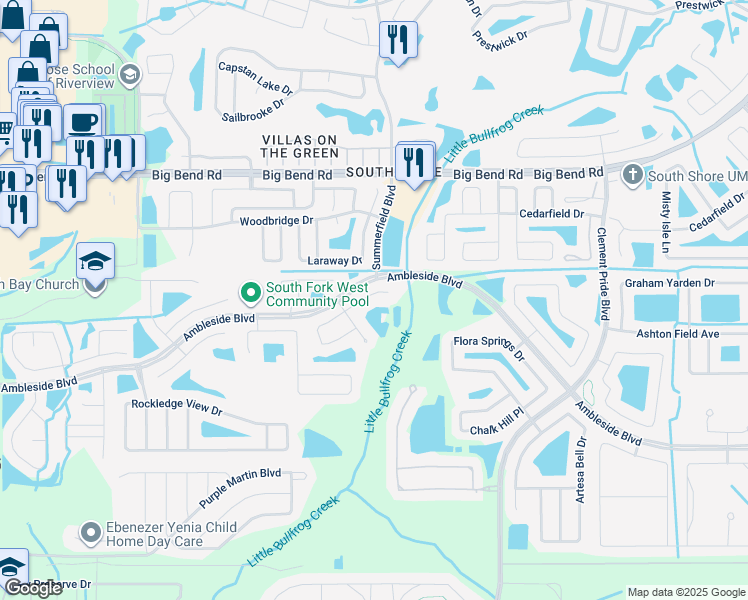 map of restaurants, bars, coffee shops, grocery stores, and more near 11221 Summer Star Drive in Riverview