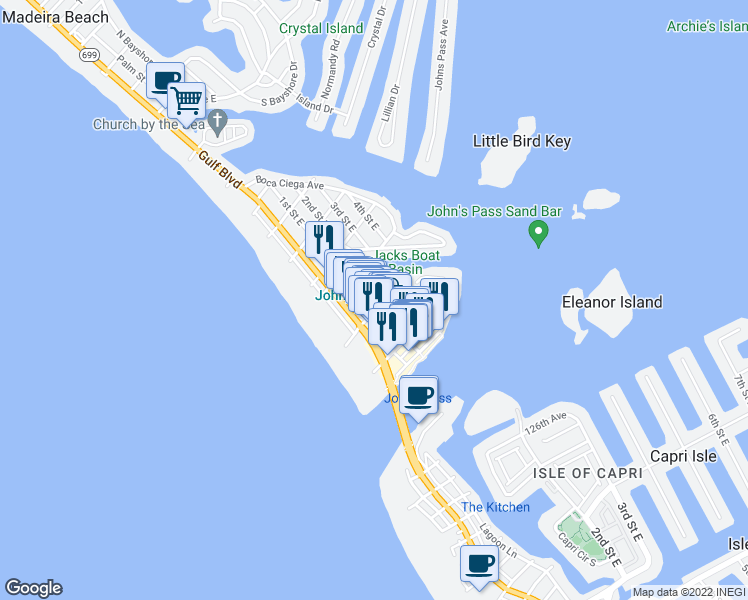 map of restaurants, bars, coffee shops, grocery stores, and more near 13017 Pelican Lane in Madeira Beach