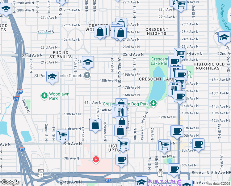 map of restaurants, bars, coffee shops, grocery stores, and more near 1600 Doctor Martin Luther King Junior Street North in St. Petersburg