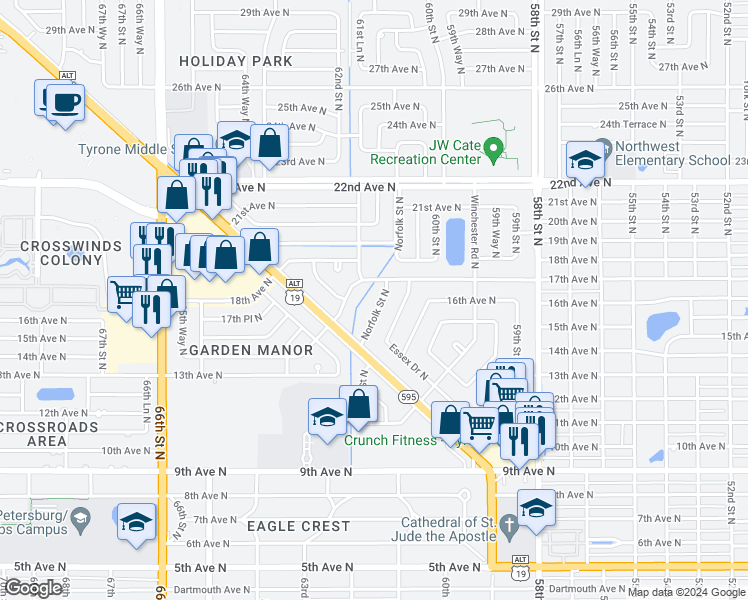 map of restaurants, bars, coffee shops, grocery stores, and more near 1528 Norfolk Street North in St. Petersburg