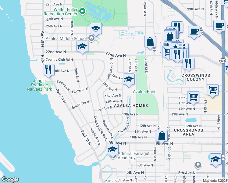 map of restaurants, bars, coffee shops, grocery stores, and more near 7660 16th Avenue North in St. Petersburg