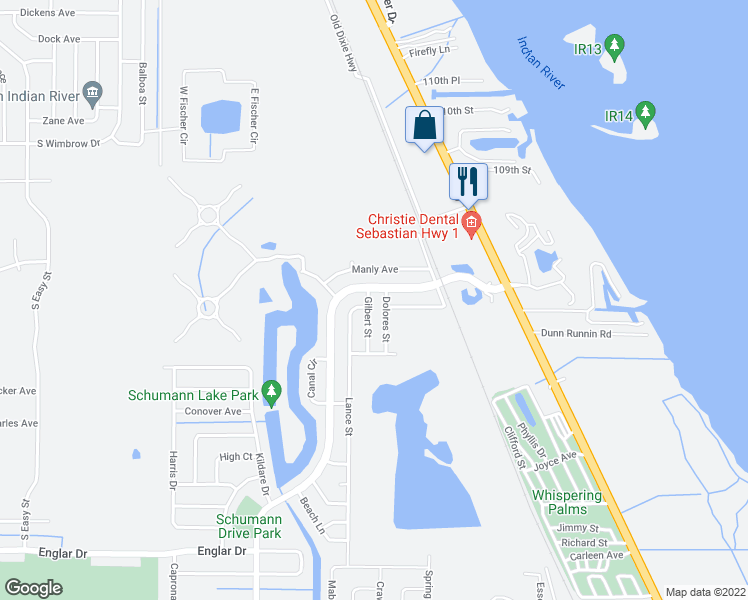 map of restaurants, bars, coffee shops, grocery stores, and more near 809 Gilbert Street in Sebastian