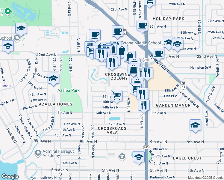 map of restaurants, bars, coffee shops, grocery stores, and more near 1648 67th Lane North in Saint Petersburg