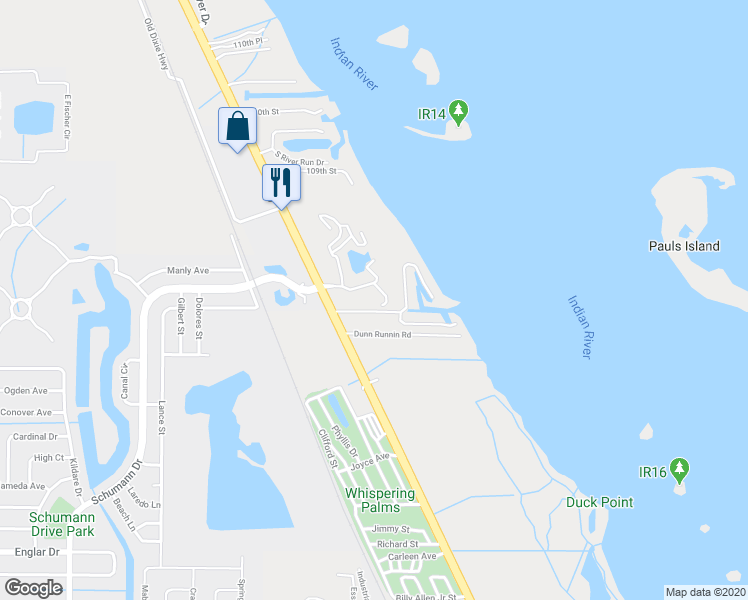 map of restaurants, bars, coffee shops, grocery stores, and more near 6165 South Mirror Lake Drive in Sebastian