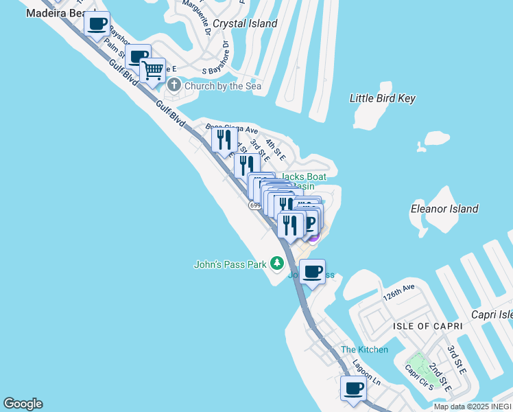 map of restaurants, bars, coffee shops, grocery stores, and more near Village Boulevard in Madeira Beach