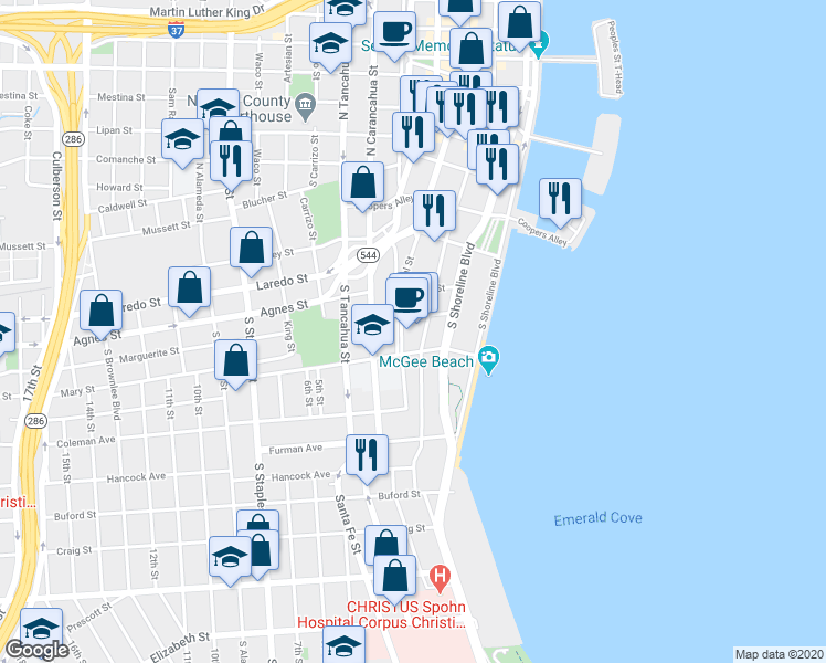 map of restaurants, bars, coffee shops, grocery stores, and more near 555 South Shoreline Boulevard in Corpus Christi
