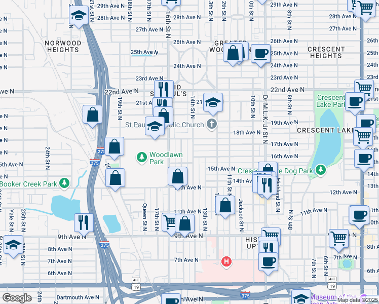 map of restaurants, bars, coffee shops, grocery stores, and more near 1620 14th Street North in Saint Petersburg
