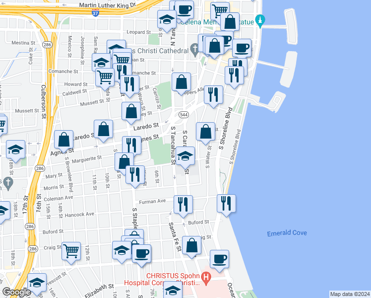 map of restaurants, bars, coffee shops, grocery stores, and more near 520 South Carancahua Street in Corpus Christi