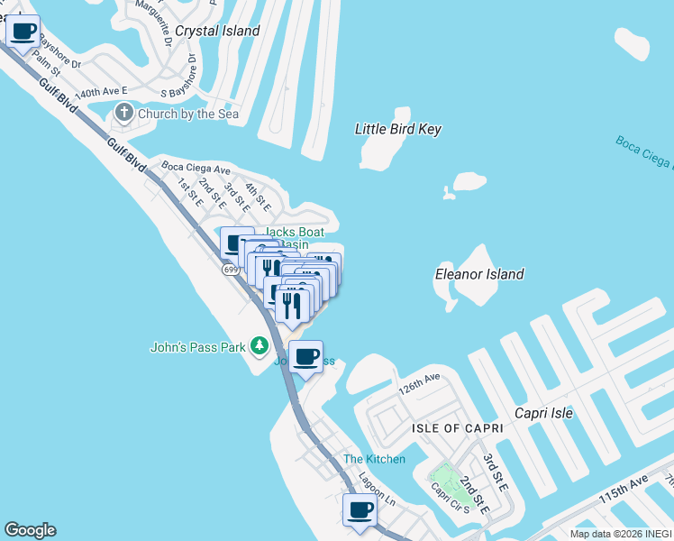 map of restaurants, bars, coffee shops, grocery stores, and more near 441 129th Avenue East in Madeira Beach