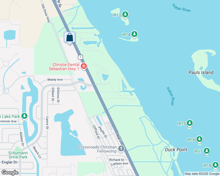 map of restaurants, bars, coffee shops, grocery stores, and more near 6165 South Mirror Lake Drive in Sebastian