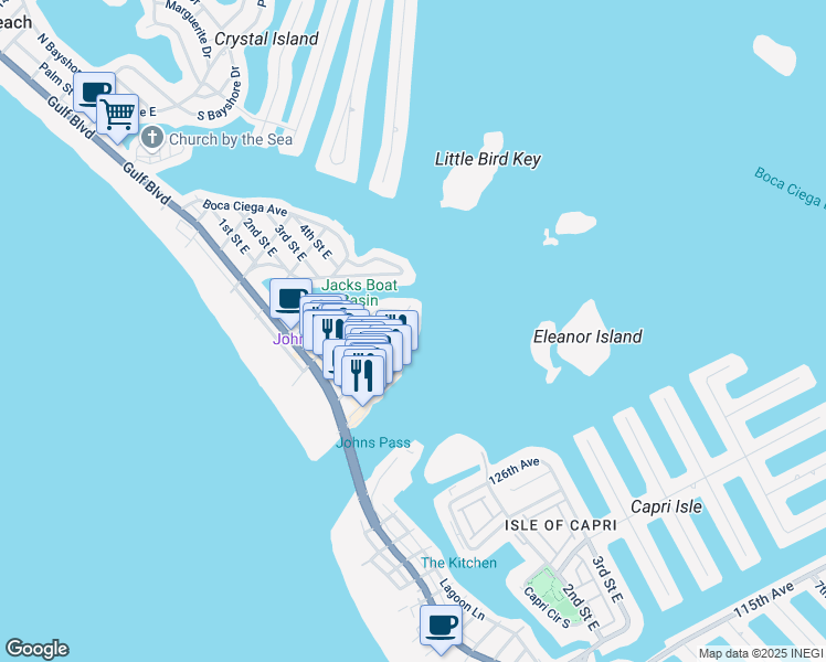 map of restaurants, bars, coffee shops, grocery stores, and more near 441 129th Avenue East in Madeira Beach