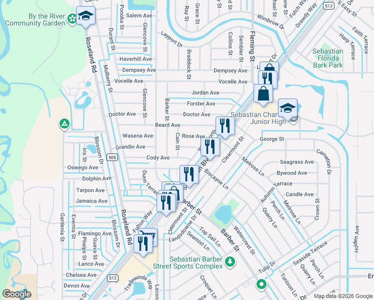 map of restaurants, bars, coffee shops, grocery stores, and more near 838 Wentworth Street in Sebastian