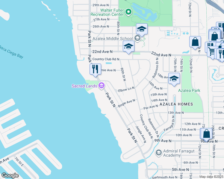 map of restaurants, bars, coffee shops, grocery stores, and more near 8052 Elbow Lane North in Saint Petersburg