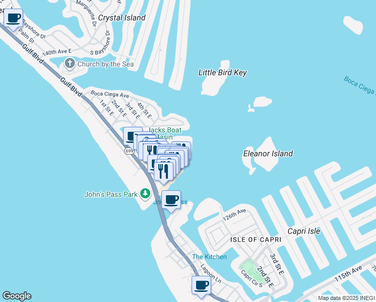 map of restaurants, bars, coffee shops, grocery stores, and more near 441 129th Avenue East in Madeira Beach