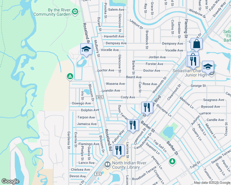 map of restaurants, bars, coffee shops, grocery stores, and more near 841 Grandin Avenue in Sebastian