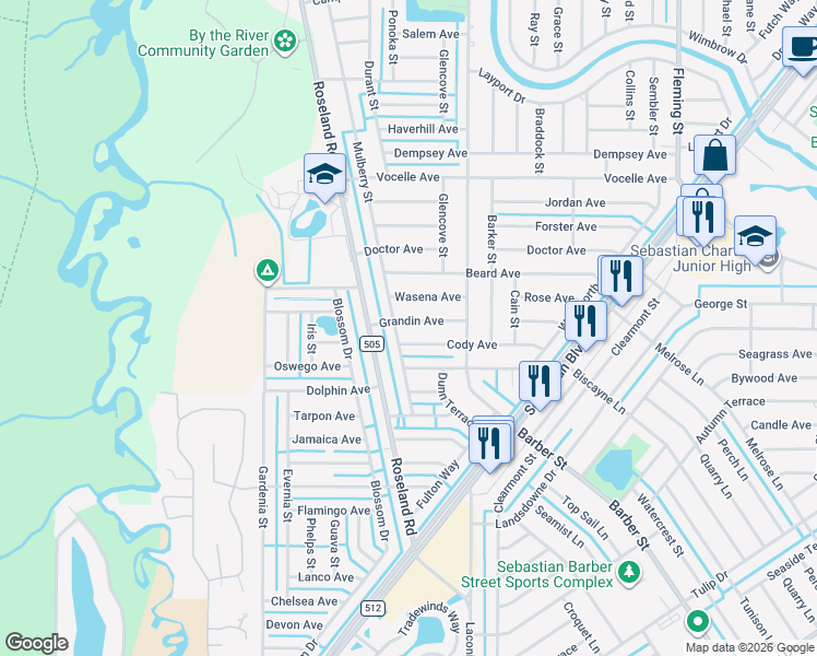 map of restaurants, bars, coffee shops, grocery stores, and more near 881 Grandin Avenue in Sebastian