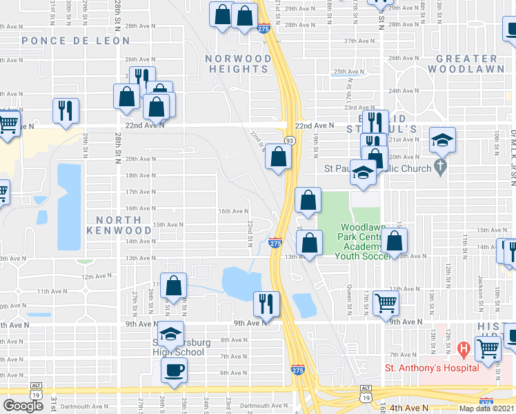 map of restaurants, bars, coffee shops, grocery stores, and more near 1601 22nd Street North in Saint Petersburg