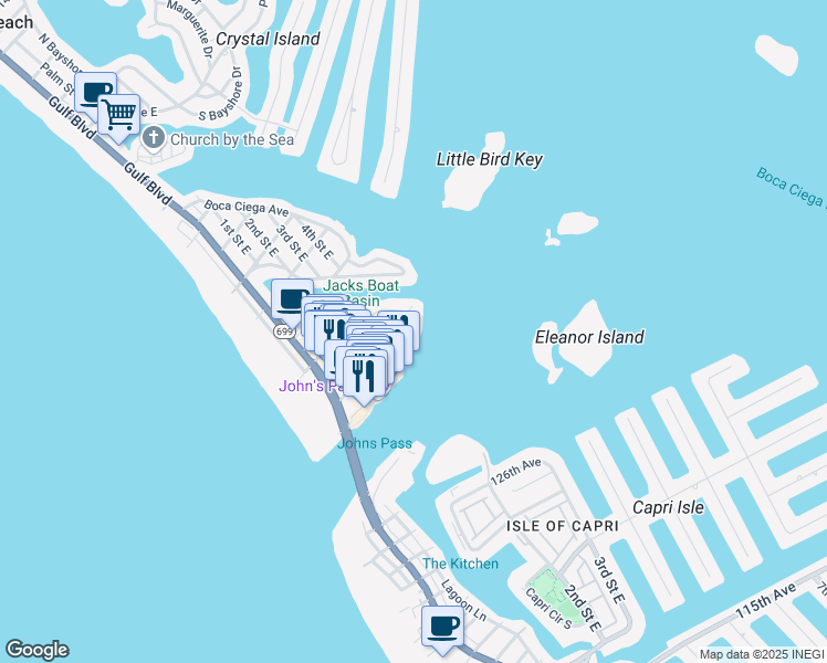 map of restaurants, bars, coffee shops, grocery stores, and more near 441 129th Avenue East in Madeira Beach