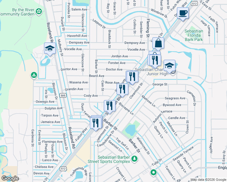 map of restaurants, bars, coffee shops, grocery stores, and more near 838 Wentworth Street in Sebastian