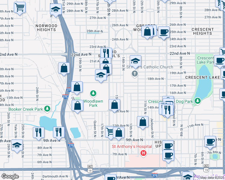 map of restaurants, bars, coffee shops, grocery stores, and more near 1601 16th Street North in St. Petersburg
