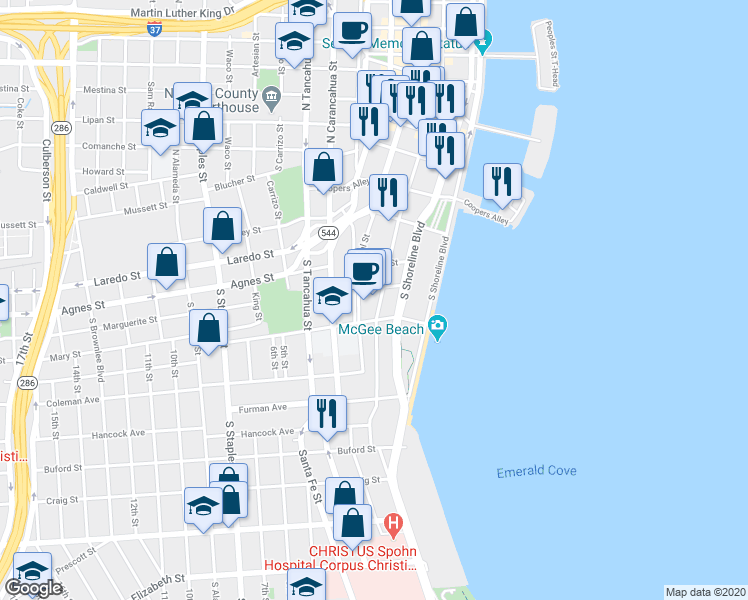 map of restaurants, bars, coffee shops, grocery stores, and more near 505 South Water Street in Corpus Christi