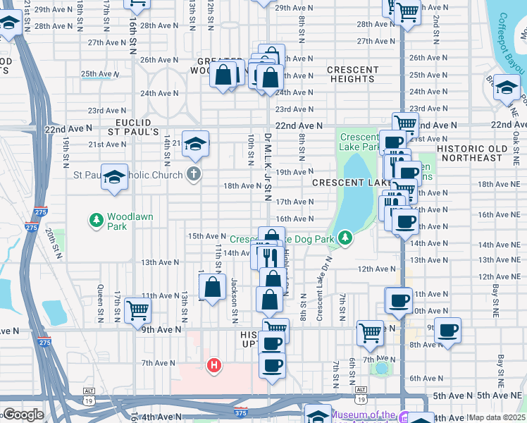 map of restaurants, bars, coffee shops, grocery stores, and more near 1600 Doctor Martin Luther King Junior Street North in St. Petersburg