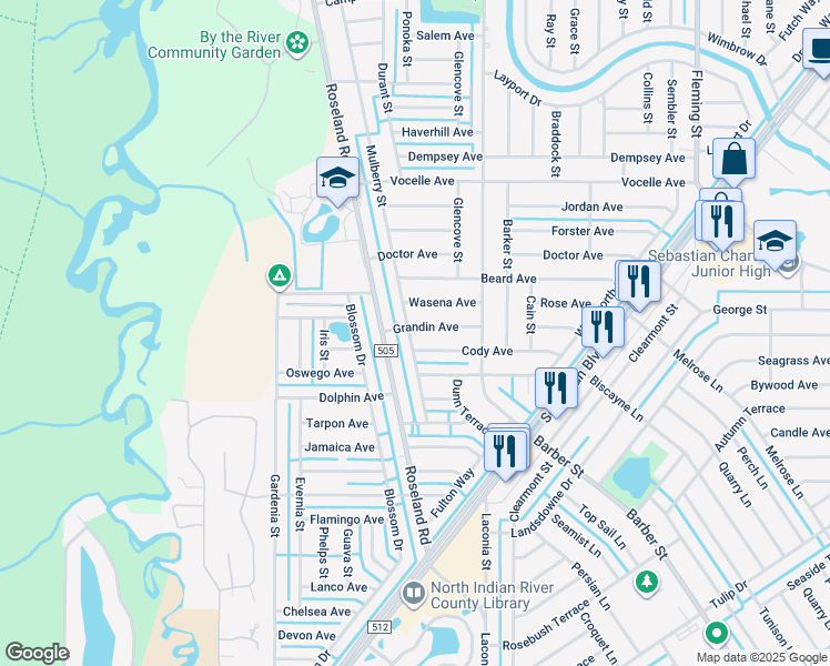 map of restaurants, bars, coffee shops, grocery stores, and more near 881 Grandin Avenue in Sebastian