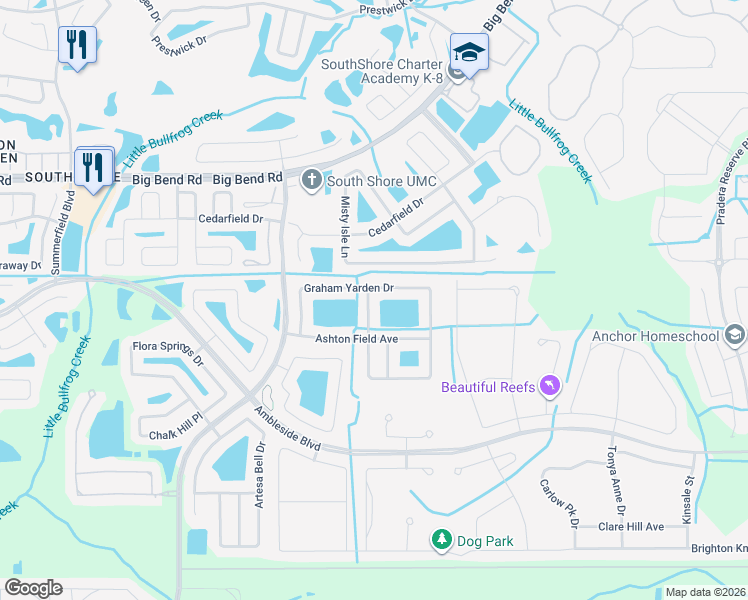 map of restaurants, bars, coffee shops, grocery stores, and more near 13104 Graham Yarden Drive in Riverview