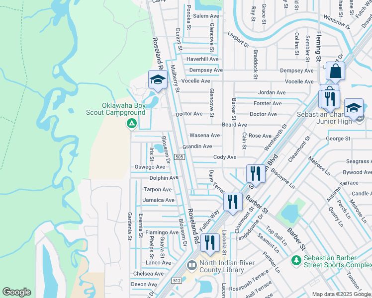 map of restaurants, bars, coffee shops, grocery stores, and more near 889 Grandin Avenue in Sebastian