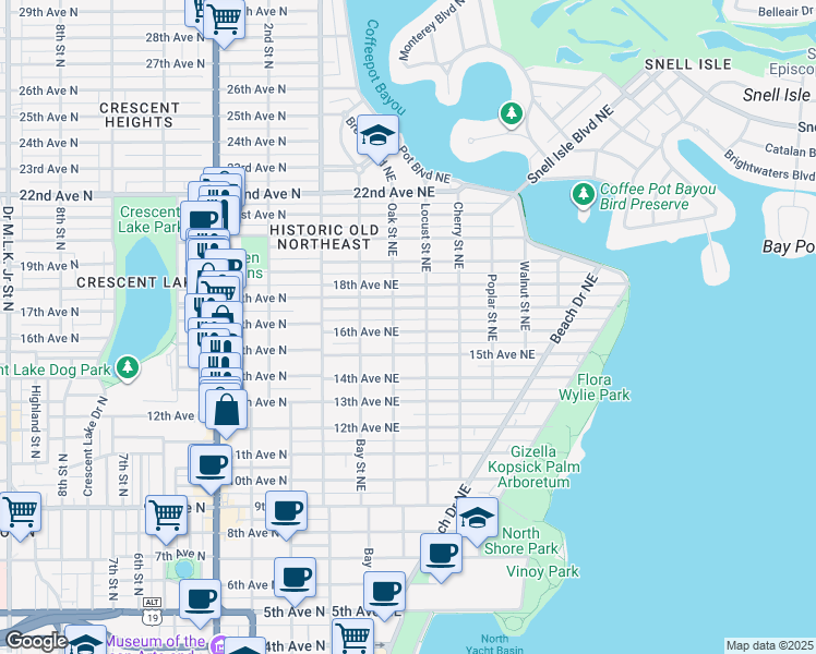 map of restaurants, bars, coffee shops, grocery stores, and more near 355 16th Avenue Northeast in St. Petersburg