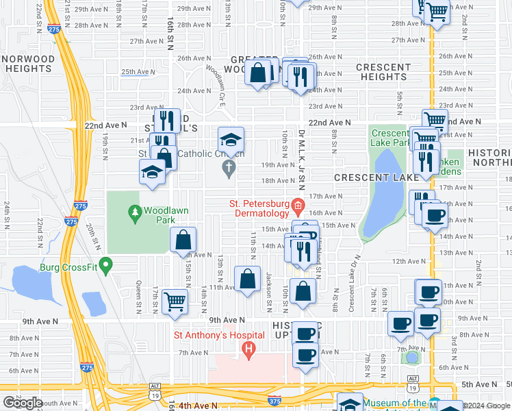 map of restaurants, bars, coffee shops, grocery stores, and more near 1616 11th Street North in St. Petersburg