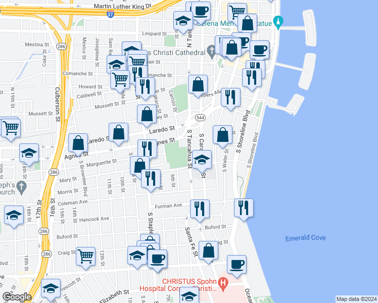 map of restaurants, bars, coffee shops, grocery stores, and more near 513 South Carancahua Street in Corpus Christi