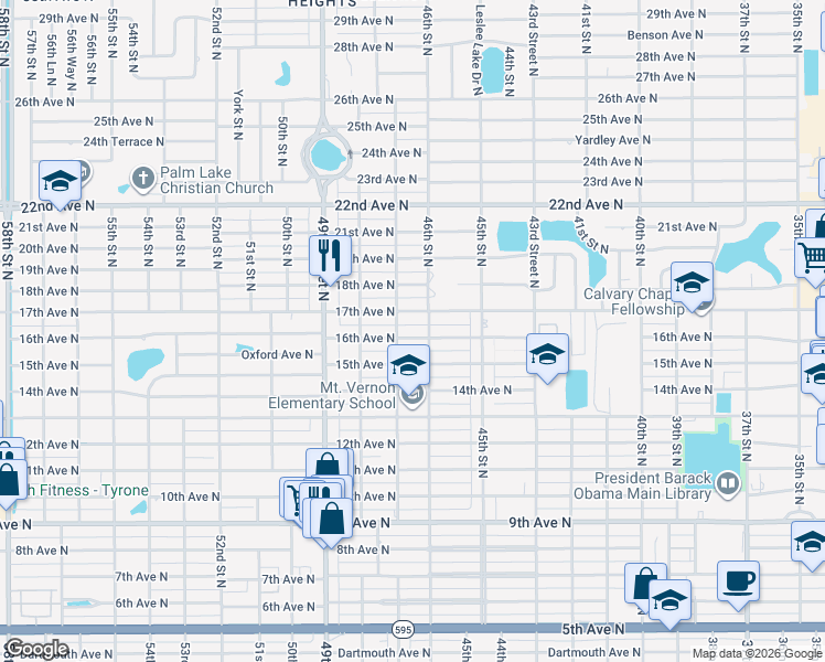 map of restaurants, bars, coffee shops, grocery stores, and more near 4627 16th Avenue North in St. Petersburg