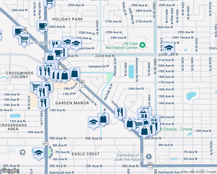 map of restaurants, bars, coffee shops, grocery stores, and more near 1528 Norfolk Street North in Saint Petersburg