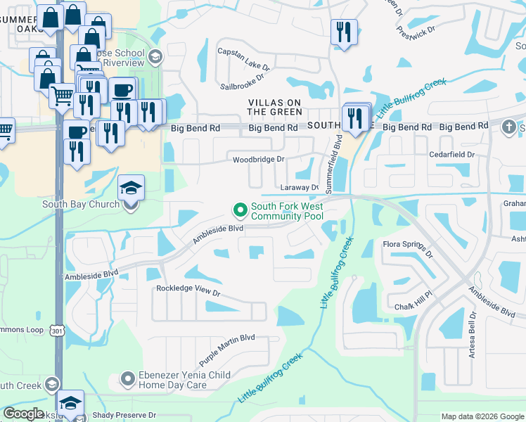 map of restaurants, bars, coffee shops, grocery stores, and more near 11008 Silver Dancer Drive in Riverview