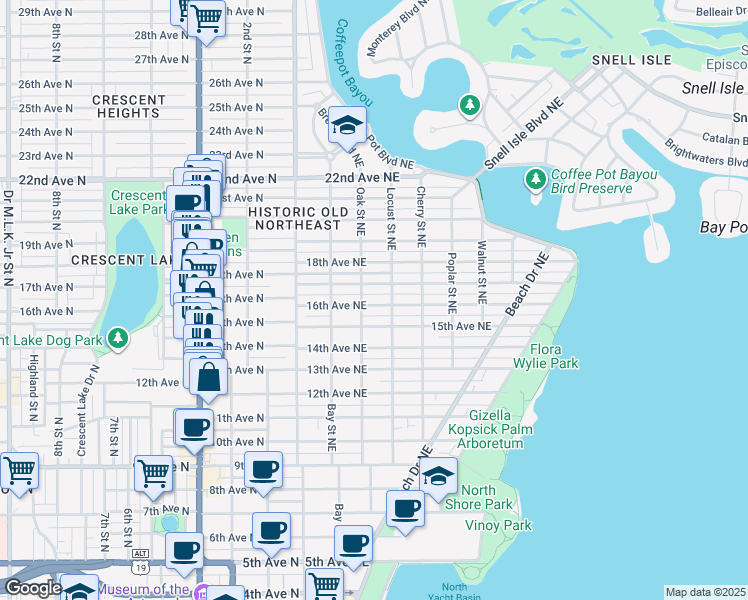 map of restaurants, bars, coffee shops, grocery stores, and more near 355 16th Avenue Northeast in St. Petersburg