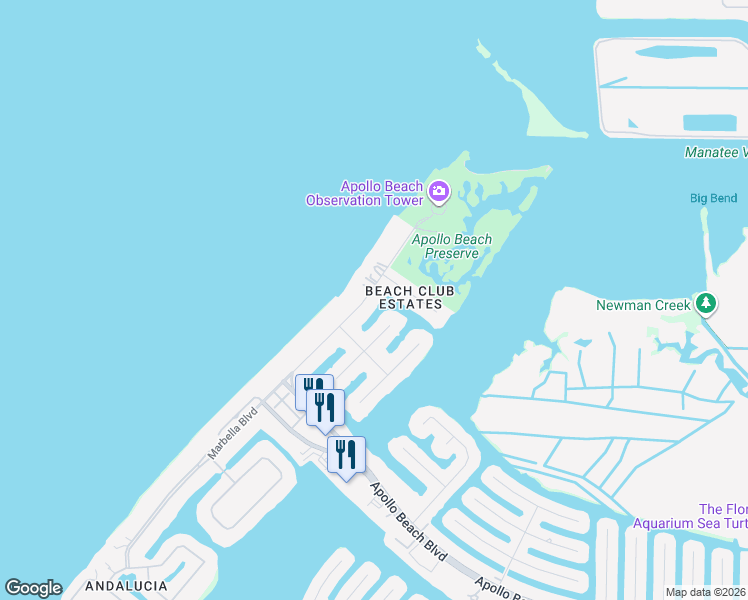 map of restaurants, bars, coffee shops, grocery stores, and more near 6610 Surfside Boulevard in Apollo Beach