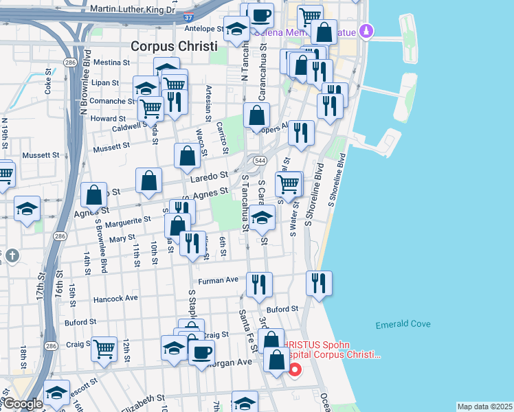 map of restaurants, bars, coffee shops, grocery stores, and more near 513 South Carancahua Street in Corpus Christi